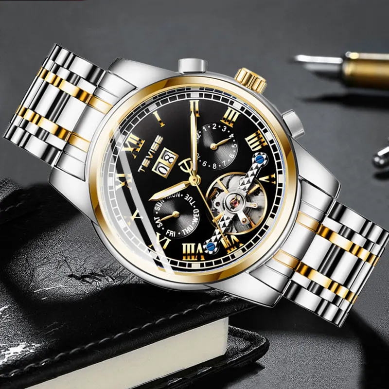 Топ люксовый бренд TEVISE мужские часы s Нержавеющая сталь турбийон Календарь автоматические механические наручные часы Relogio Masculino9005