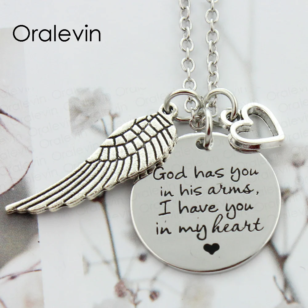 

GOD HAS YOU IN HIS ARMS I HAVE YOU IN MY HEART Engraved Pendant Charms Miscarriage Memorial Necklace Jewelry 10Pcs/Lot, #LN285