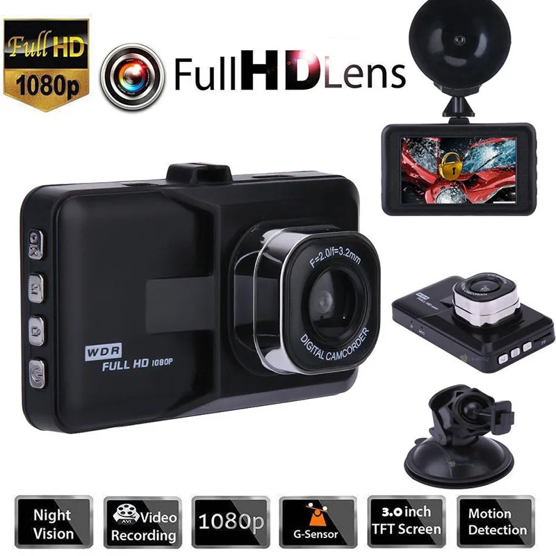 Dash Camera 3'' Screen Full HD 1080P Wide-Angle Car DVR Dash Cam with G-Sensor International Night Vision LCD Car-detector A1