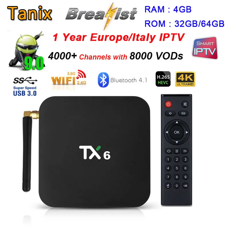 

Tanix TX6 Android 9.0 4GB RAM 64GB ROM Set top box 2.4/5G wifi 4K H.265 USB 3.0 support1 year IPTV smart TV Box pk h96 max x2