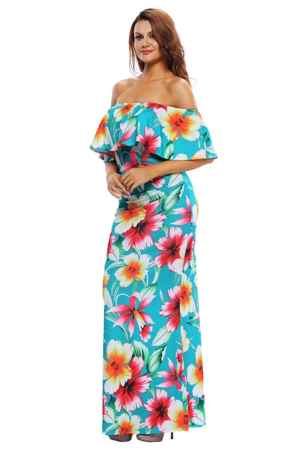 Turquoise-Roses-Print-Off-the-shoulder-Maxi-Dress-LC61189-4-6