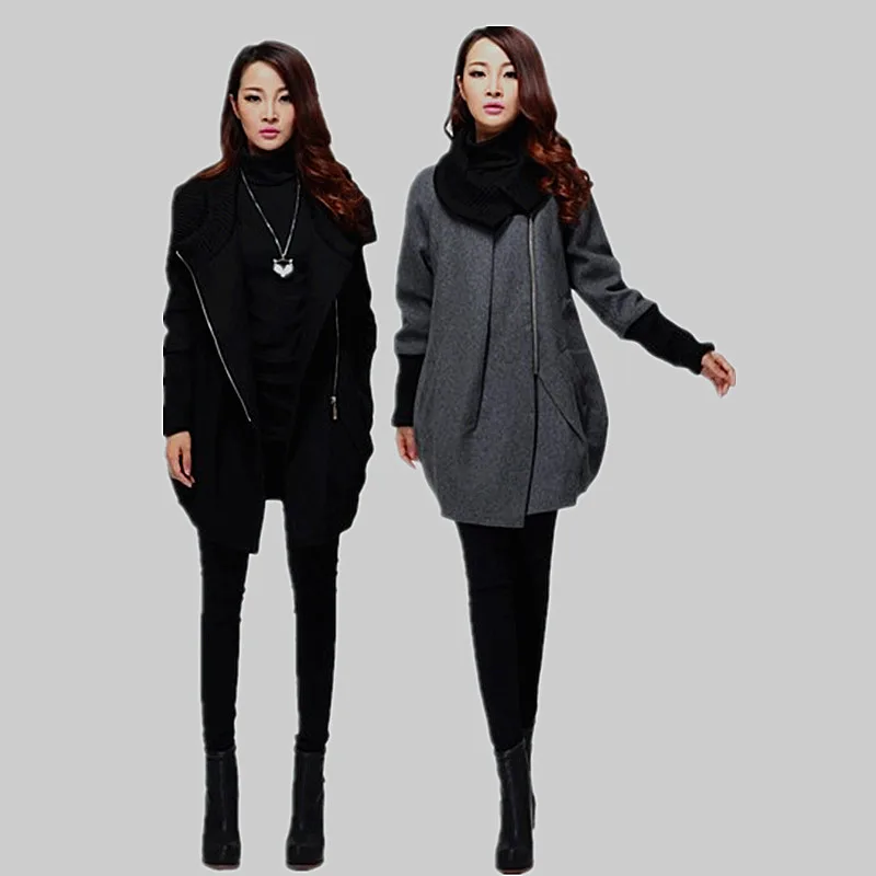 Image Fashion women woolen coat winter knitted collar ladies pea coat asymmetrical cocoon wool trench coat outwear overcoat XXXXXL