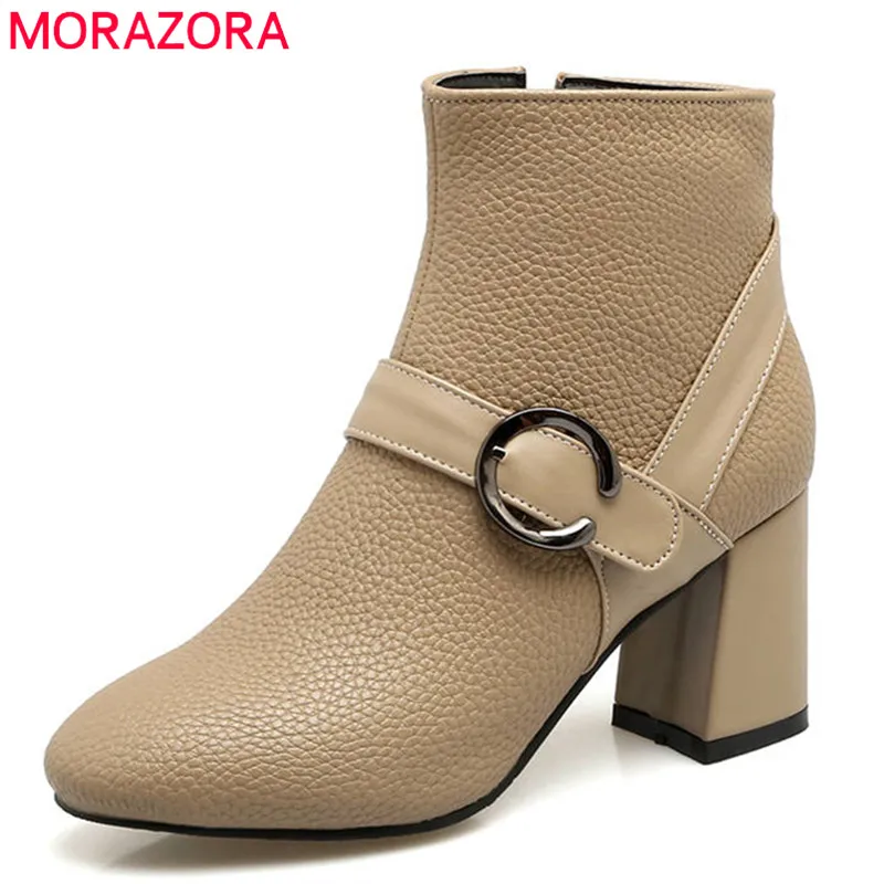 

MORAZORA 2018 new fashion shoes woman round toe zipper with buckle ankle boots top quality pu solid color high heels boots red