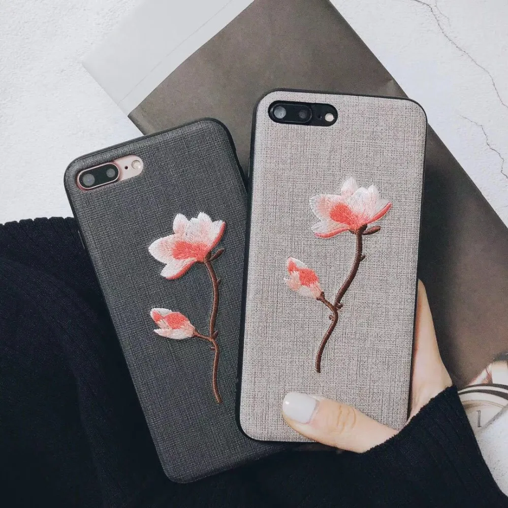 Flowers silicone edge phone case For iphone 6 6s 6 plus back cover fabric 6s plus 7 7plus flowers embroidered  (9)