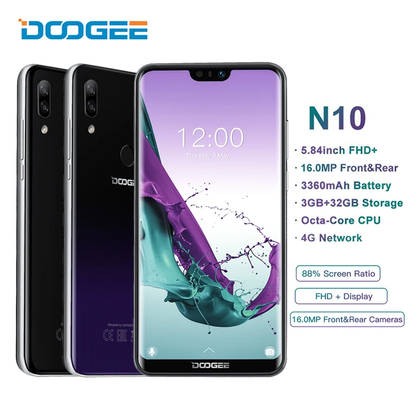 

DOOGEE N10 Mobile Phone Android 8.1 3GB RAM 32GB ROM Octa Core 5.84" FHD 19:9 Display 16MP Face Unlock Smartphone 3360mAh 4G LTE