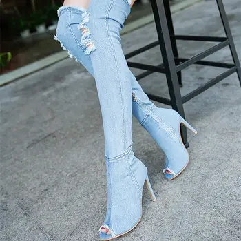 

Denim boots women fashion tall winter boots holes peep toe high Heels women boots hot botas 2019 sexy over the knee shoes woman