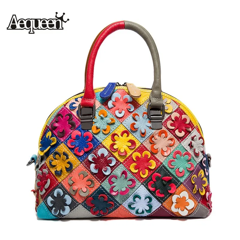 

AEQUEEN Women Luxury Shell Bag Women Genuine Leather Handbags High Quality Patchwork Messenger Bags Flower Shoulder Bag Designer