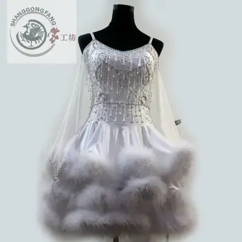 

New style latin dance costume sexy beads Feather latin dance dress for women latin dance competition dresses S-4XL