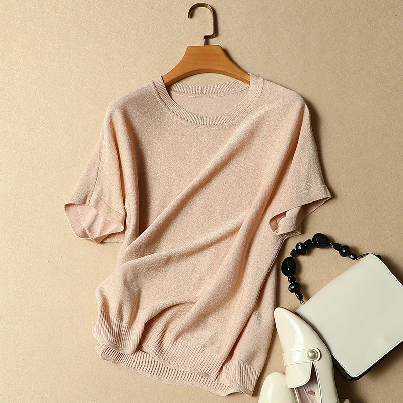 Лето, дизайн, женская футболка с коротким рукавом, серебряная шелковая трикотажная футболка, верхняя одежда, топы, футболки - Цвет: pink