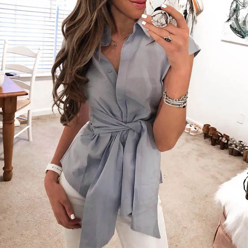 Cena 2018 New Fashion Lato Kobiety Elegancka Pani Urząd Pracy Nosić Luźne Koszula Z Kr oacute;tkim Rękawem Stałe Krawat Talii Bluzka