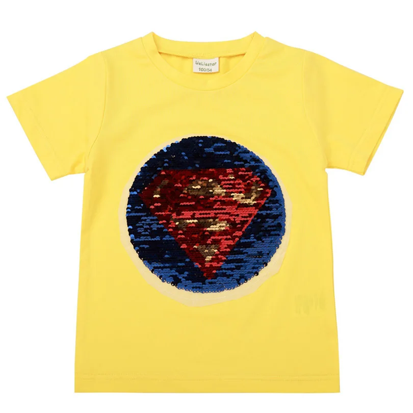Футболка для мальчиков с рисунком Супермена, меняющим цвет лица, футболка с пайетками, пайетками и супергероями, футболка для мальчиков, подарок на день рождения