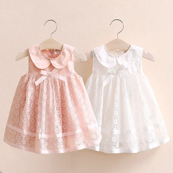 

2021 Summer New 2-10 Years Children's Party Prom Cute Peter Pan Collar Pink White Tank Lace Bow Layered Dresses For Kids Girls