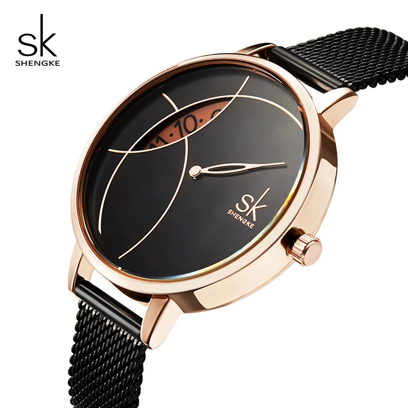 

Shengke Black Bracelet Watches Women Brand Luxury Stainless Steel Watches 2019 New Creative Quartz Watch For Women #K0091
