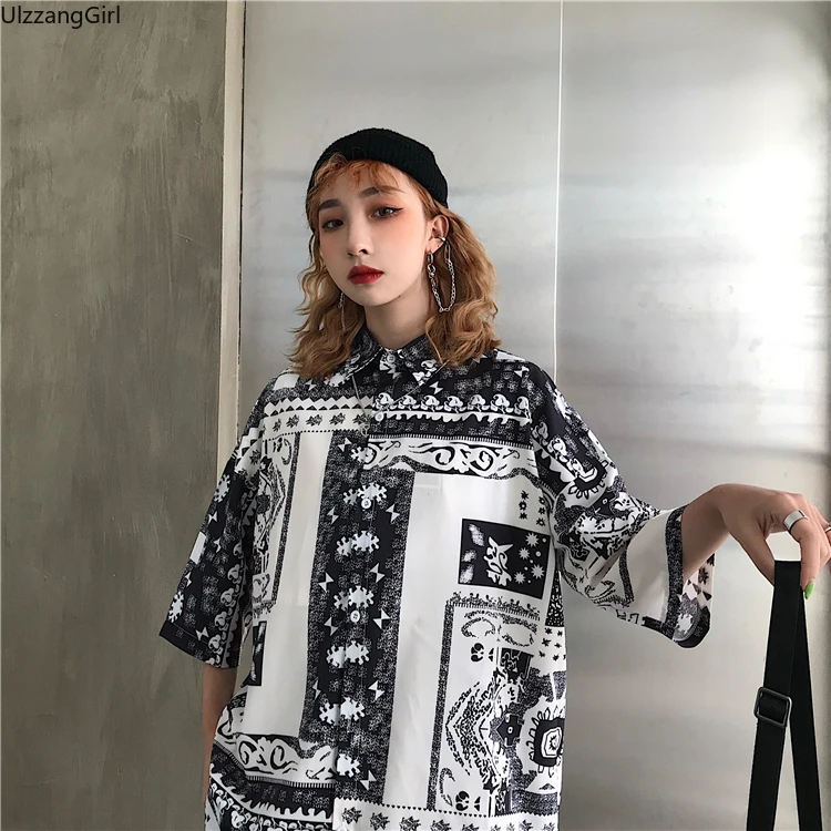 

Paisley Graphic Bandana Vintage Hip Hop Streetwear Print Loose Blouse Women Man Harajuku Japanese Punk Casual Top Shirt Korean