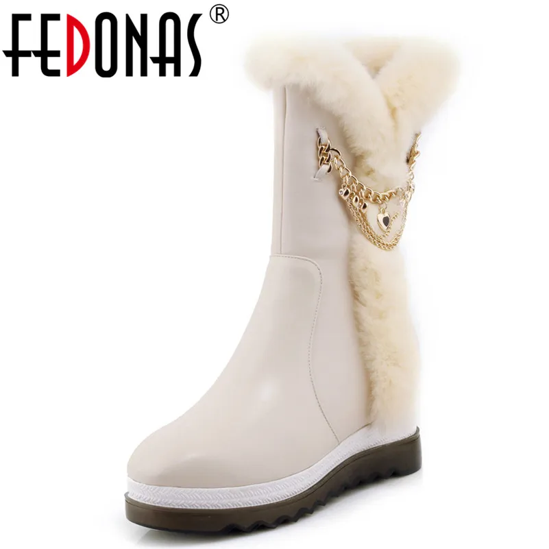 

FEDONAS New Fashion Women Fur Warm Snow Boots Wedges Heeled Mid-calf High Winter High Boots Female Round Toe Long SHoes Woman