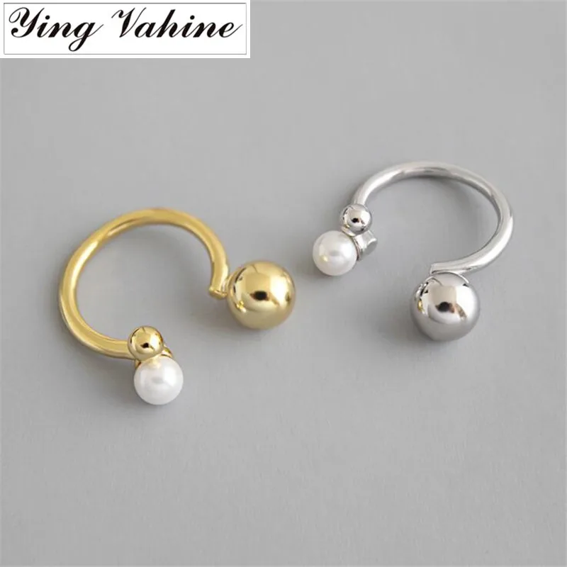 

ying Vahine 100% 925 Sterling Silver Ball & Shell Pearl Asymmetric Open Rings for Women