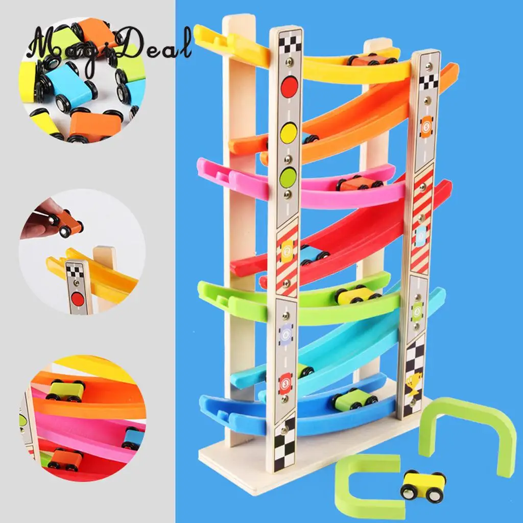 Colorful Wooden Ramp Race Track & 8 mini Inertia Car Playset - Toddlers Baby Toys Developmental Preschool Games