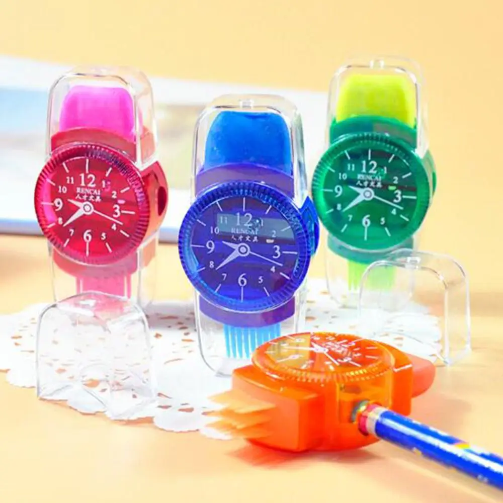 

novelty colourful watches pencil sharpeners grinder with erasers brush for office school supplies machine pencil sharpener