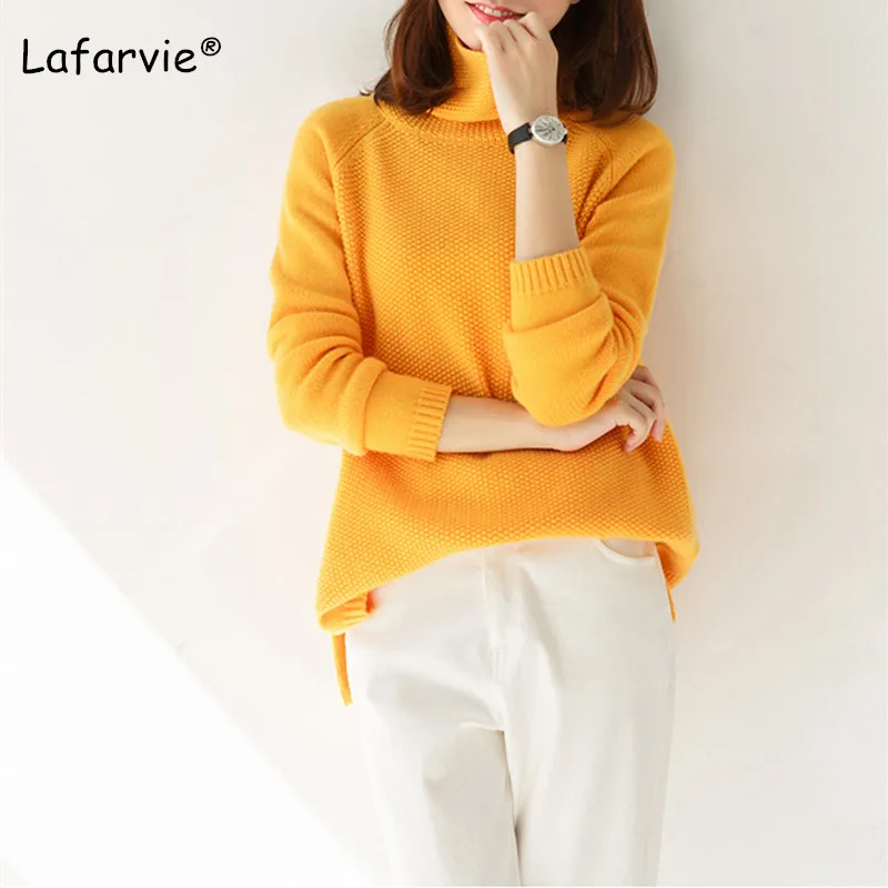 Lafarvie Winter Cashmere Sweater Women 2019 Fashion Casual Solid Turtleneck Sweater Warm Vintage Loose Long Sleeve Knit Pullover