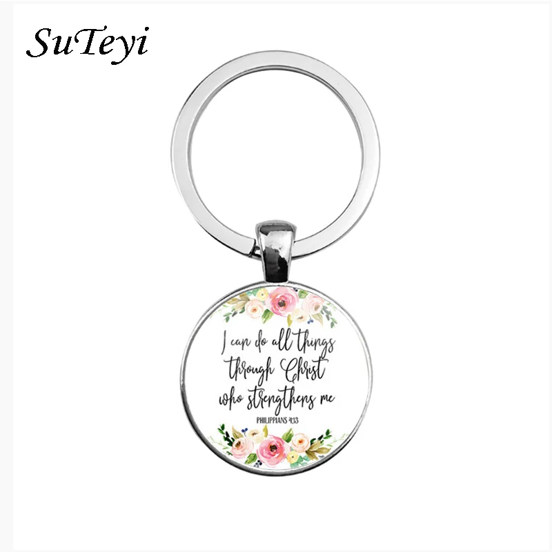 SUTEYI Christian Bible Key Chain Holder Charms Verses Psalm Glass Pendant Keychain Men Women For