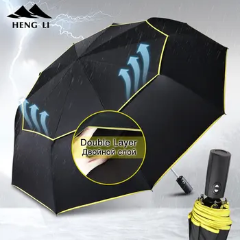

Strong Wind Resistant 120CM Fully-Automatic Umbrella Rain Women Double Big 3Folding Parasol Stand Travel Business Men Umbrellas