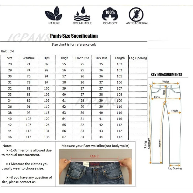 ICPANS, деловые мужские джинсы, прямые, свободные, тянущиеся, летние, тонкие, джинсы для мужчин, джинсы для отдыха, Мужская одежда, джинсовые брюки, 42