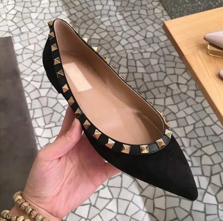 

2018 spring new suede blue rivets pointed-toe flat women shoes female low with shallow mouth shoes