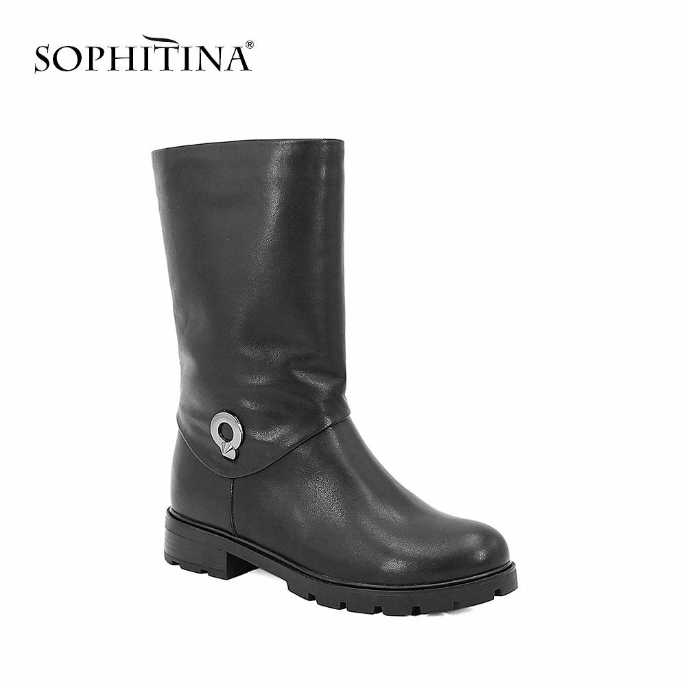 

SOPHITINA Cow Leather Winter Women Boots Metal Decoration Mid-Calf Zipper Boot Wool Fur Genuine Leather Low Heel Shoes Women B47