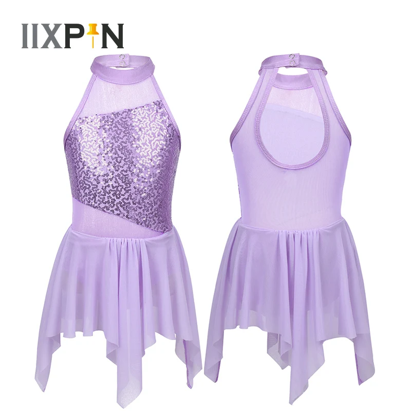 

Sequin Girls Latin Dress Lyrical Modern Contemporary Ballroom Dance Dress Sleeveless Sequins Cutout Back Leotard Dress for Girls