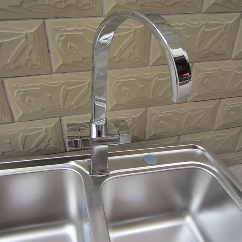 

Xueqin 360 Swivel Waterfall Faucet Spout Square Cold Hot Water Swivel Faucet Double Twin Lever Kitchen Sink Basin Mixer Tap Hot