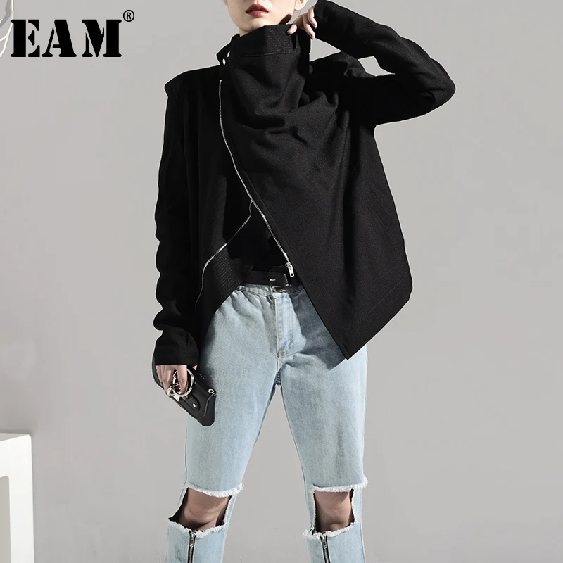 

[EAM] 2019 New Spring Autumn Stand Collar Long Sleeve Brief Zipper Personality Loose Short Jacket Women Coat Fashion Tide JI1020