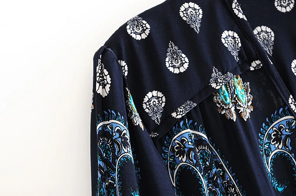 BOHO темно-синее платье с цветочным принтом пейсли однобортное платье на пуговицах 3/4 рукав макси длинное женское платье Vestido