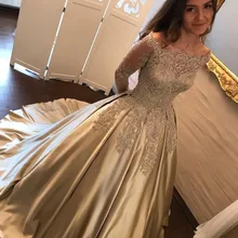 Элегантное платье с длинными рукавами, Золотое Пышное Платье, бальное платье, 15 платьев на день рождения, с аппликацией и вырезом лодочкой, милое платье на 16 лет