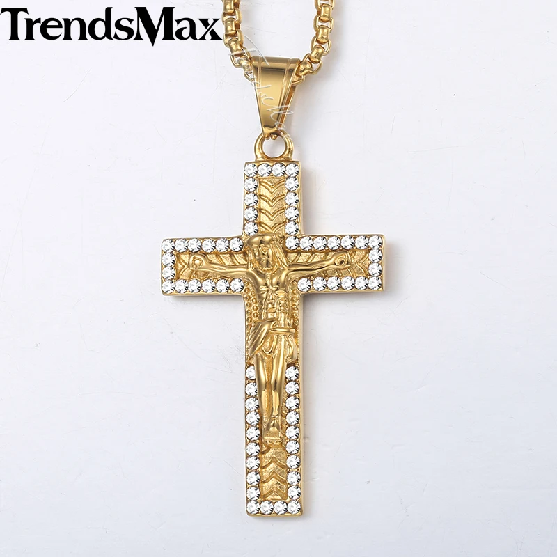 

Men's Crucifix Jesus Cross Necklace Iced Out Paved Rhinestones CZ Gold Stainless Steel Pendant Necklace Dropshipping 2018 KKN589
