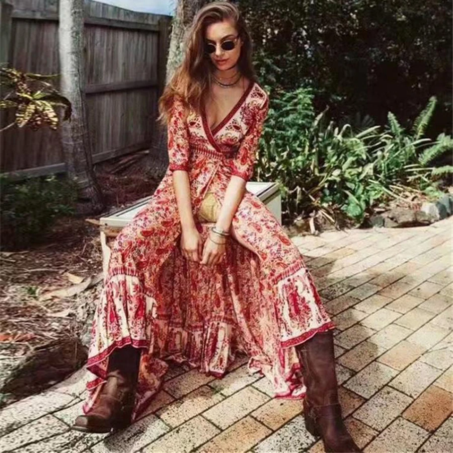 Boho 2019 Wrap Bohême Robes Ddl V Femme Floral Longue Bleu Imprimé Sexy D\u0027été Pour