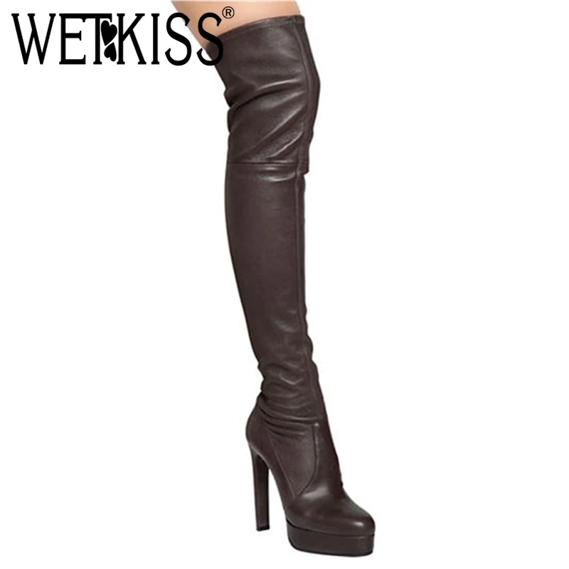 WETKISS Over The Knee Boots High Heels Platform Lady Shoes Women Round Toe PU Footwear Short Plush Warm Female boots Winter