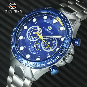 

FORSINING Automatic Watch Mechanical Military Watches Chronograph Date Stainless Steel Strap Luxury Brand Blue Dial Wristwatch