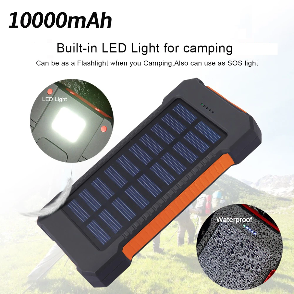 10000mAh Portable Solar Power Bank Charger Dual USB Power Bank For iPhone 6 6S 7 Plus 8 Samsung External Battery PoverBank
