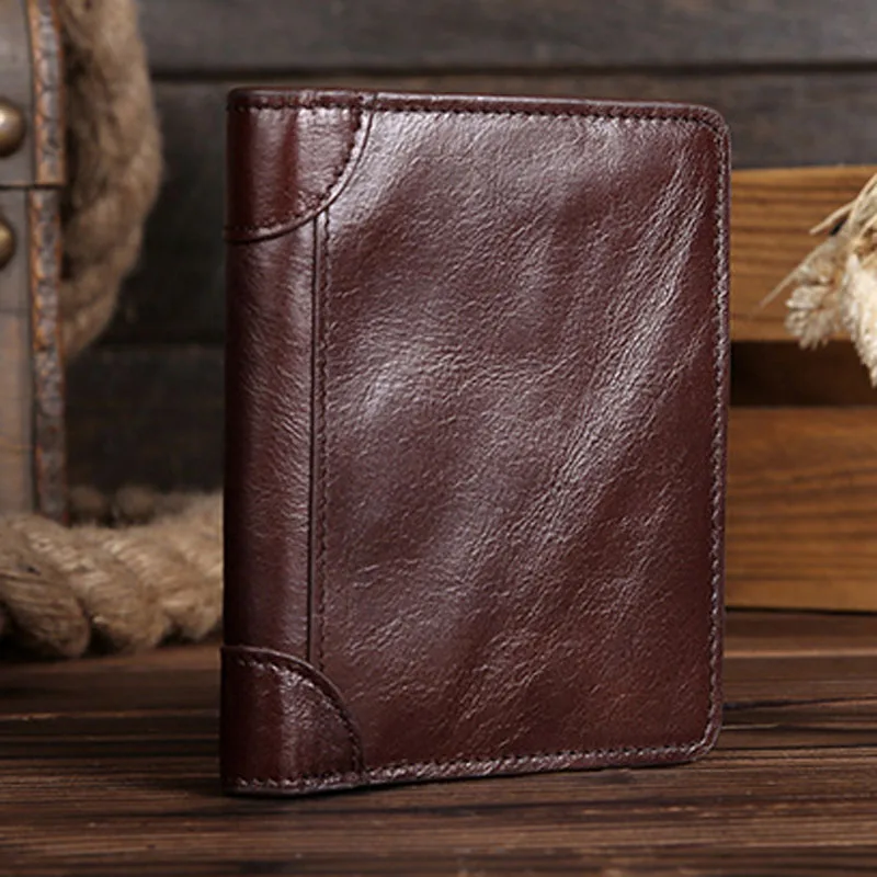 

YIANG Genuine Leather Oil Wax Cowhide Men Bifold Short Wallet Vintage Famous Brand Male Coin Purse Pockets ID/Credit Card Holder