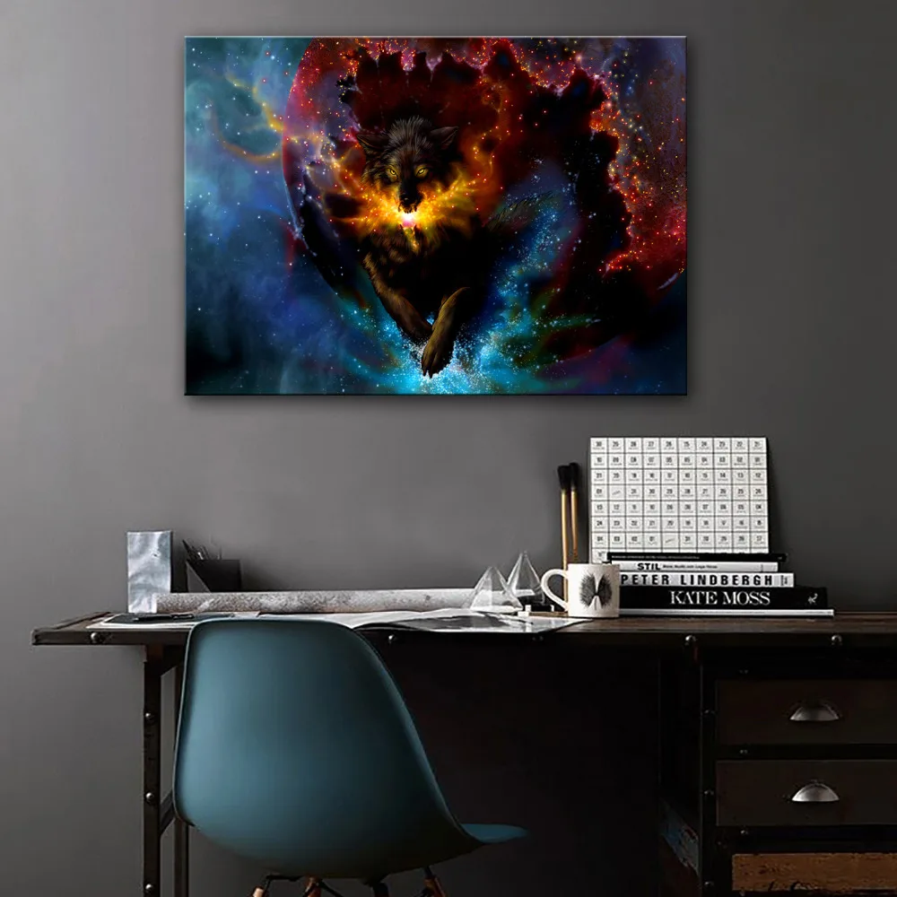 Stretched Canvas Prints Fantastic Wolf LED Flashing Optical Fiber Print
