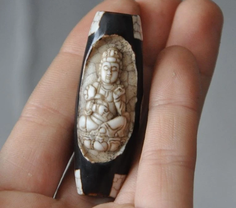 Collect Tibet Natural Old Agate Dzi Pray Bead Kwan yin amulet Pendant