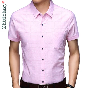 

2019 brand casual pocket summer plaid short sleeve slim fit men shirt streetwear social dress shirts mens fashions jersey 32505