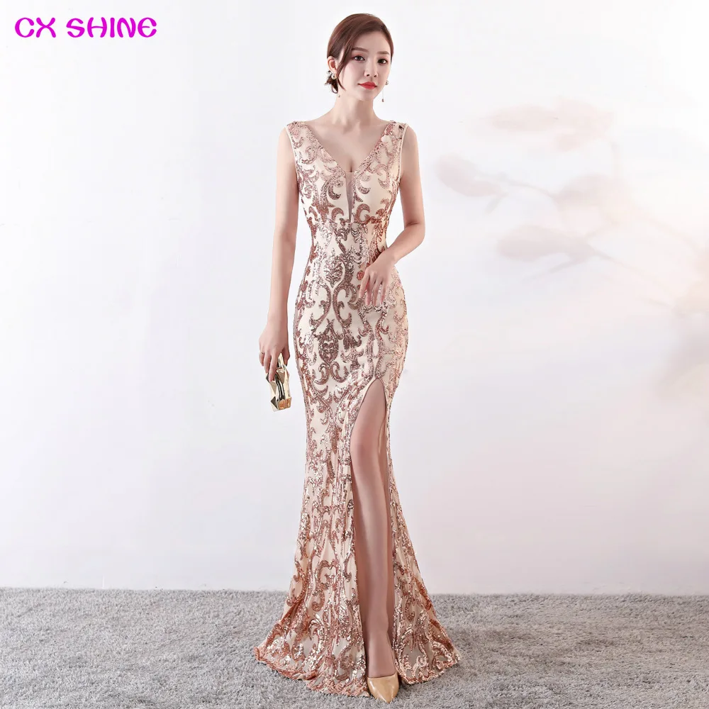 

CX SHINE V NECK Evening dress pattern Sequin gold split mermaid trumpet long prom party Formal dresses Vestidos robe de soiree