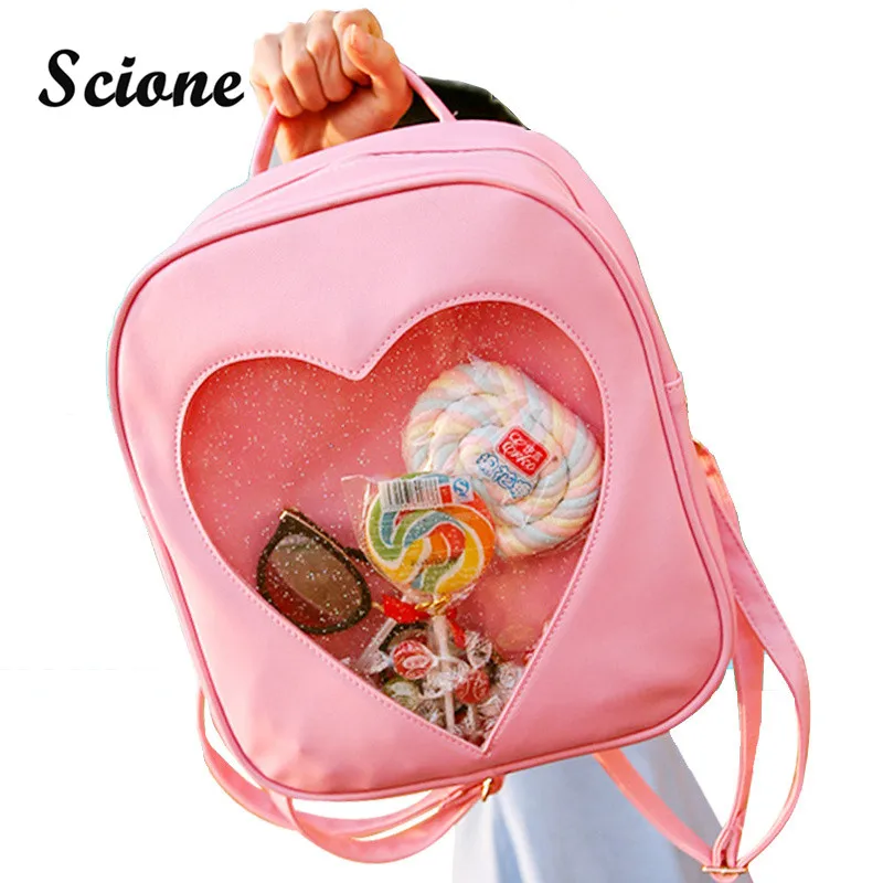 Summer Candy Clear Heart Shaped Backpacks Harajuku School Backpack Women Leather Double Shoulder Bags Teenage Book