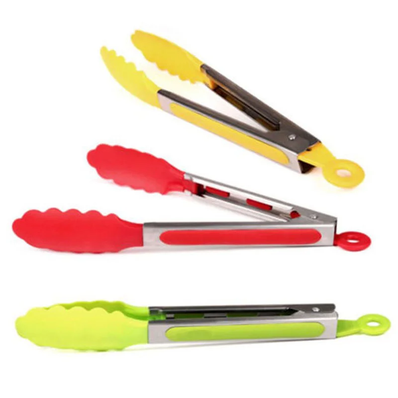 1pc Silicone Serving BBQ Tongs Salad Food Buffet Clip Steel Handle Kitchen Tool Color Random