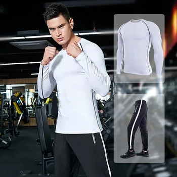 

2019 Running Set Men's Gym Clothes Stretchy Compression Tights Sportswear Fitness Training Sports Jogging Suits 2 in1 set #1851