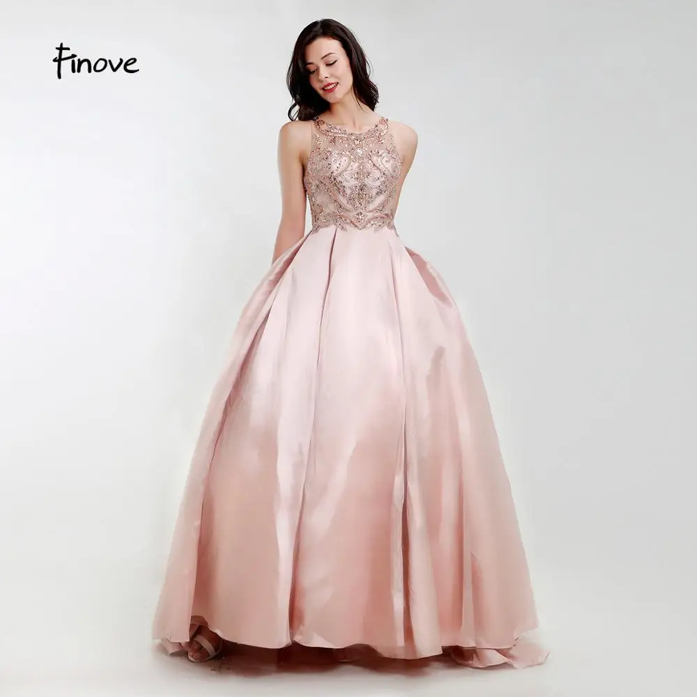 Finove Роскошные платья для выпускного вечера цвета шампанского, Robe de soiree, с круглым вырезом, с бисером, без рукавов, трапециевидные вечерние платья для женщин