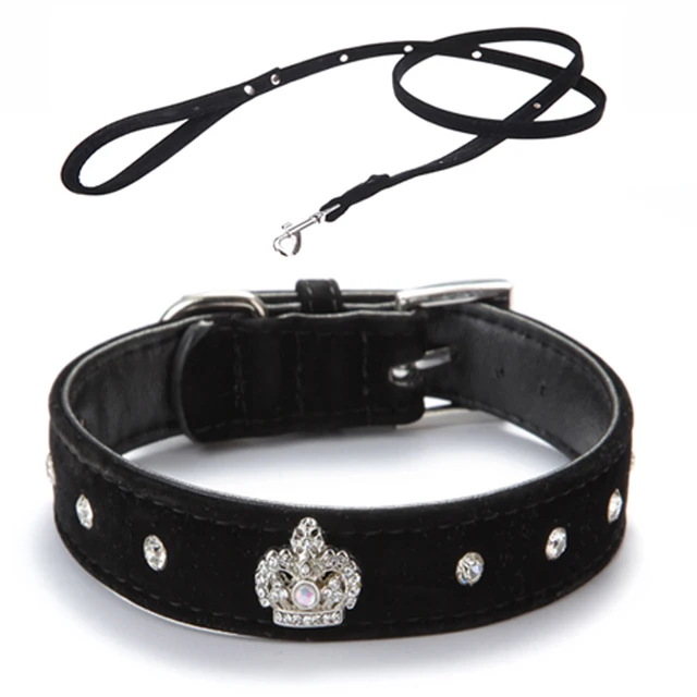 4 Colors Material Adjustable necklace Rhinestones Pet Cat Dog Crown Collar Soft Velvet Leash and Collar set  XS S M L
