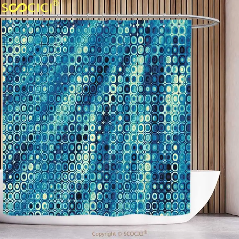 

Decorative Shower Curtain Fractal Vintage Mosaic Style Little Geometric Circles on Flat Background with Artwork Petrol Blue