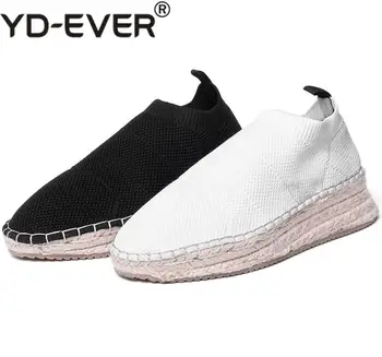 

YD-EVER new knitting real leather Hollywood star shoes women round toe platform lazy style wedges increased Autumn shoes